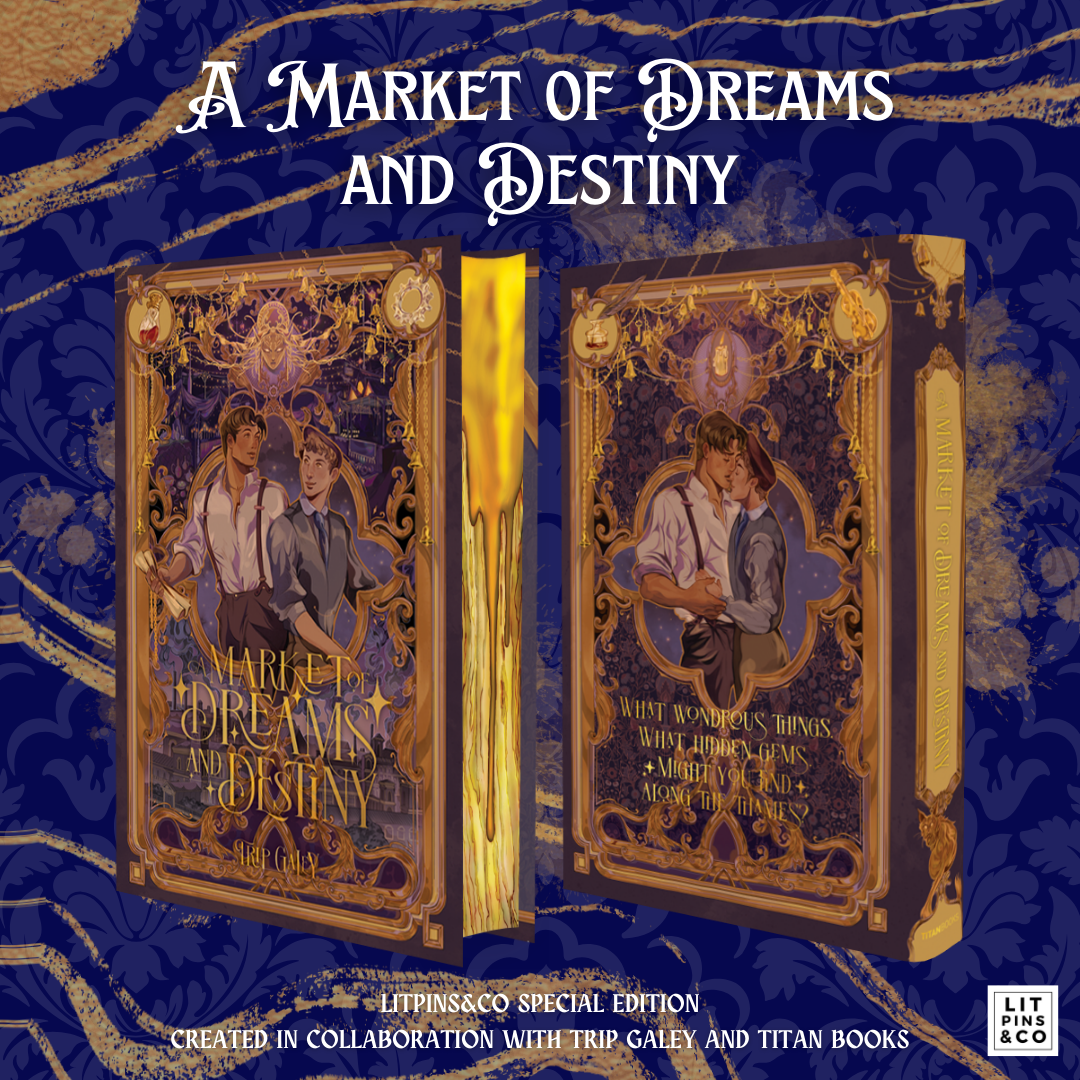 Promotional graphic for LitPins&Co's special edition of A Market of Dreams and Destiny, which features white text on a blue and gold background, with a digital mockup of an ornate cover