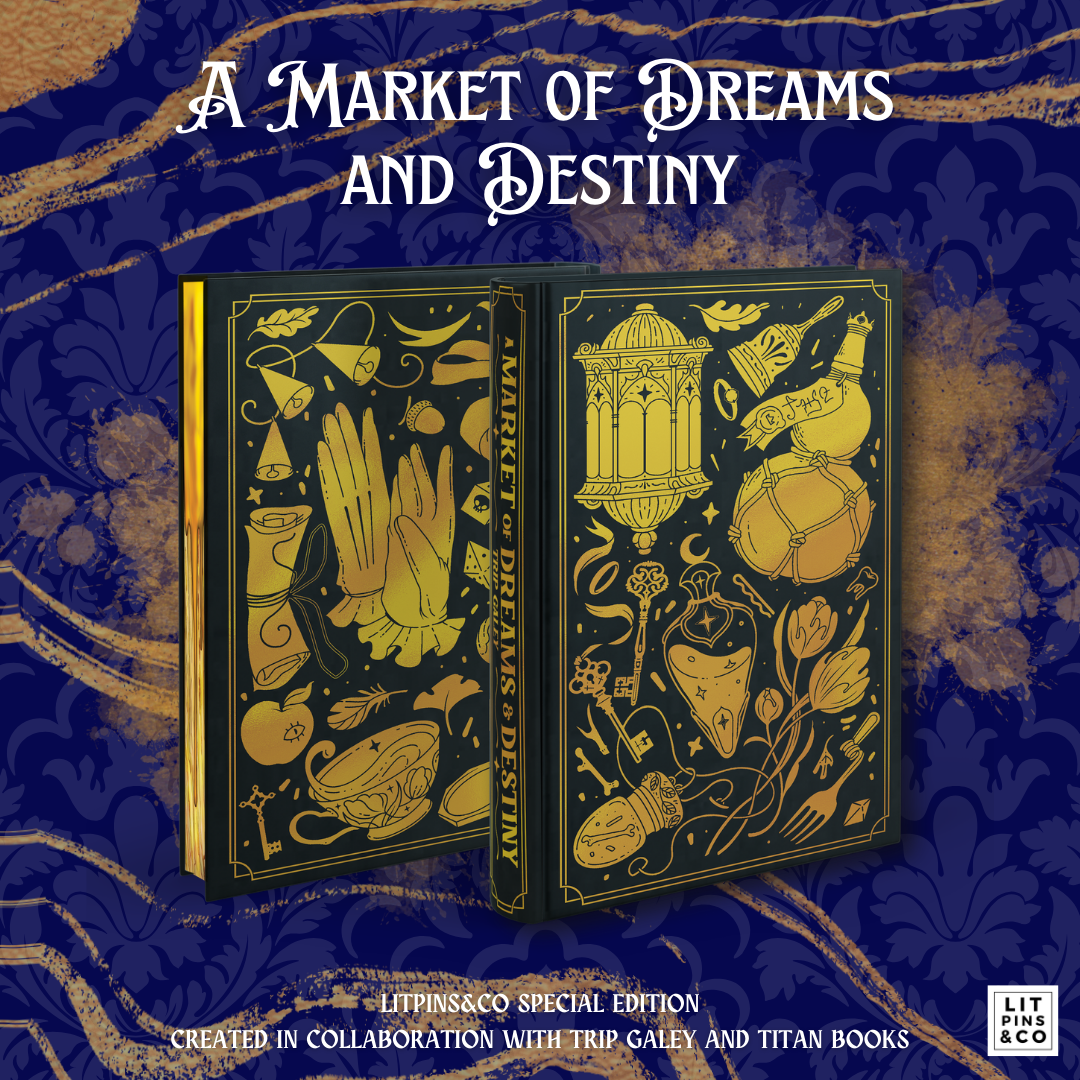 Promotional graphic for LitPins&Co's special edition of A Market of Dreams and Destiny, which features white text on a blue and gold background, with a digital mockup of a hardback book with a golden foiled cover