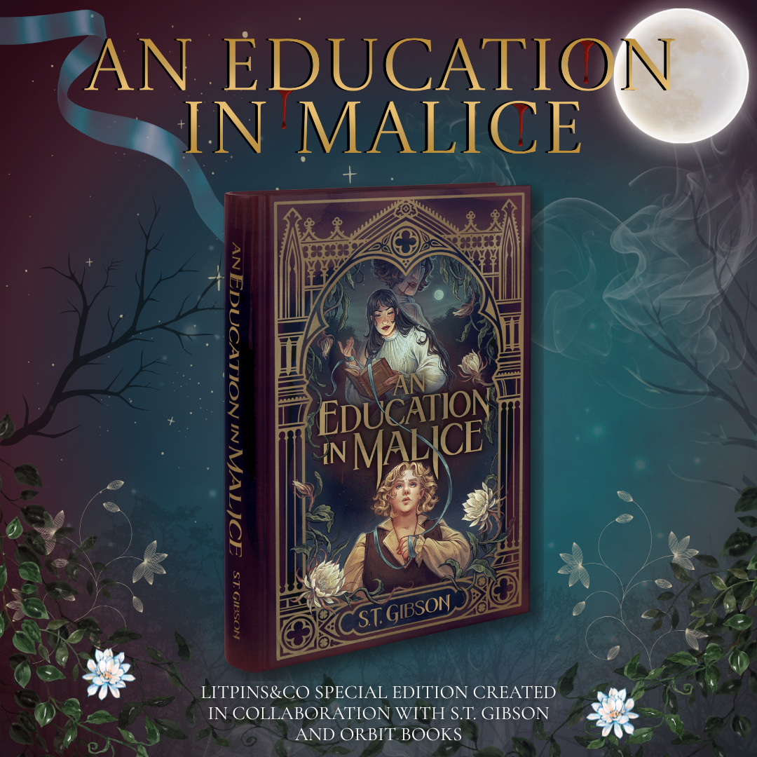 Promotional graphic for LitPins&Co's edition of 'An Education in Malice' featuring a digital mockup of the cover on a blue and red background decorated with a moon, a ribbon, and flowers.