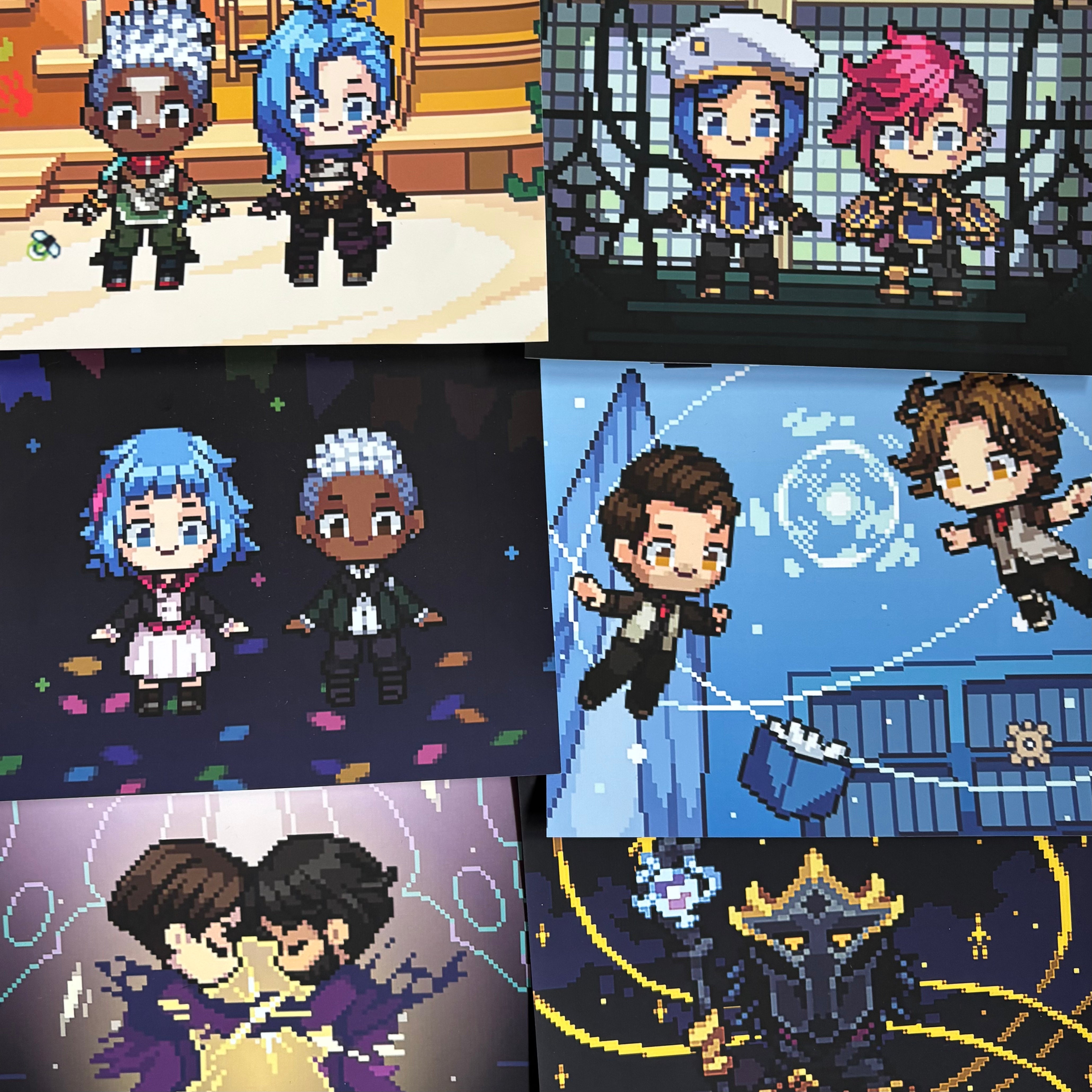 Pixel art prints inspired by TV series Arcane, featuring characters Vi, Jinx, Viktor, Jayce and Ekko.