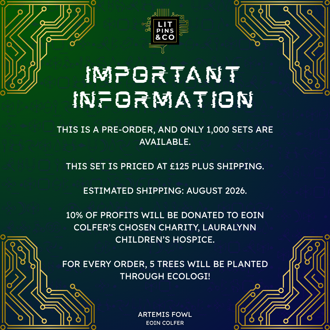 Promotional graphic for 'Artemis Fowl' book set with gold and white text on a blue and green background, decorated with golden circuit elements.