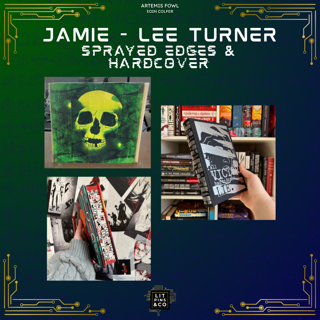 Promotional graphic for 'Artemis Fowl' book set with gold and white text on a blue and green background, decorated with golden circuit elements.