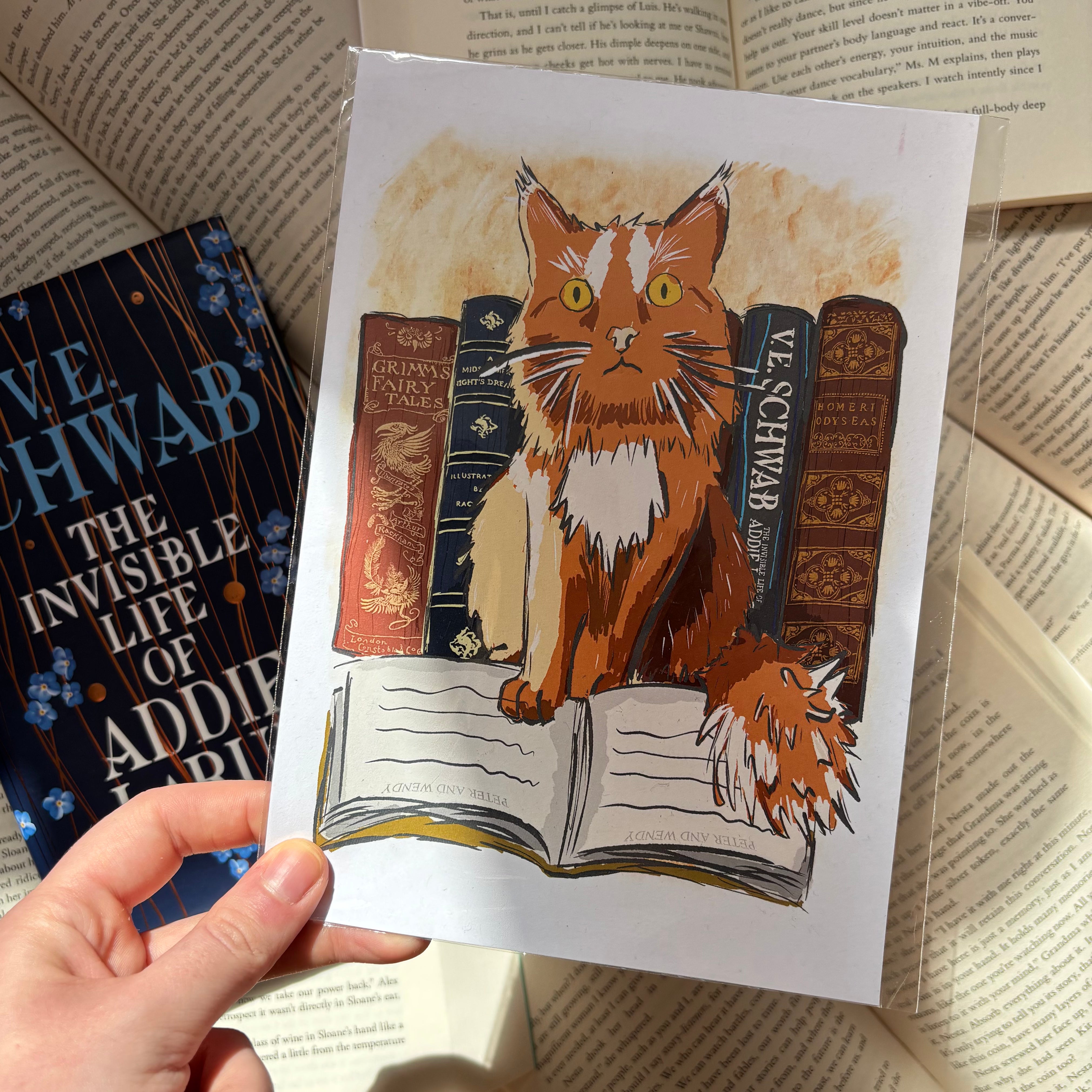 Illustration of a ginger cat sat among books, inspired by The Invisible Life of Addie LaRue