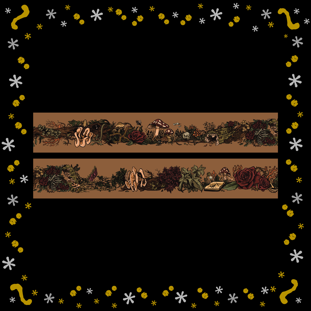 A decorative graphic with a border design with a black background, yellow and white star-like accents around the edges, and two horizontal brown strips of washi tape across the centre, featuring illustrated botanical motifs such as mushrooms, roses, leaves, and small fantasy elements.