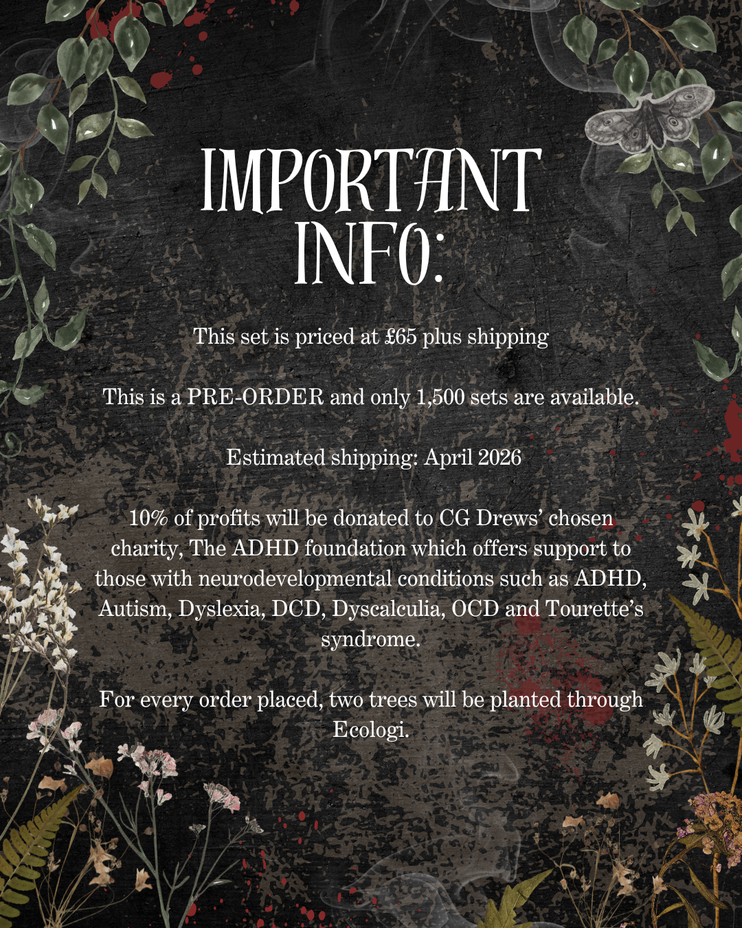 Floral design with text about a product set pricing, preorder details, and charity donation information.