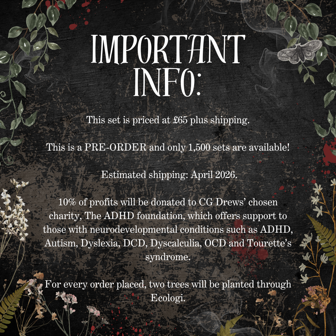 Text detailing book specifications with floral elements on a dark background.Text reads: This set is priced at £65 plus shipping. This is a PRE-ORDER and only 1,500 sets are available! Estimated shipping: April 2026. 10% of profits will be donated to CG Drews’ chosen charity, The ADHD foundation, which offers support to those with neurodevelopmental conditions such as ADHD, Autism, Dyslexia, DCD, Dyscalculia, OCD and Tourette’s syndrome. For every order placed, two trees will be planted through Ecologi.