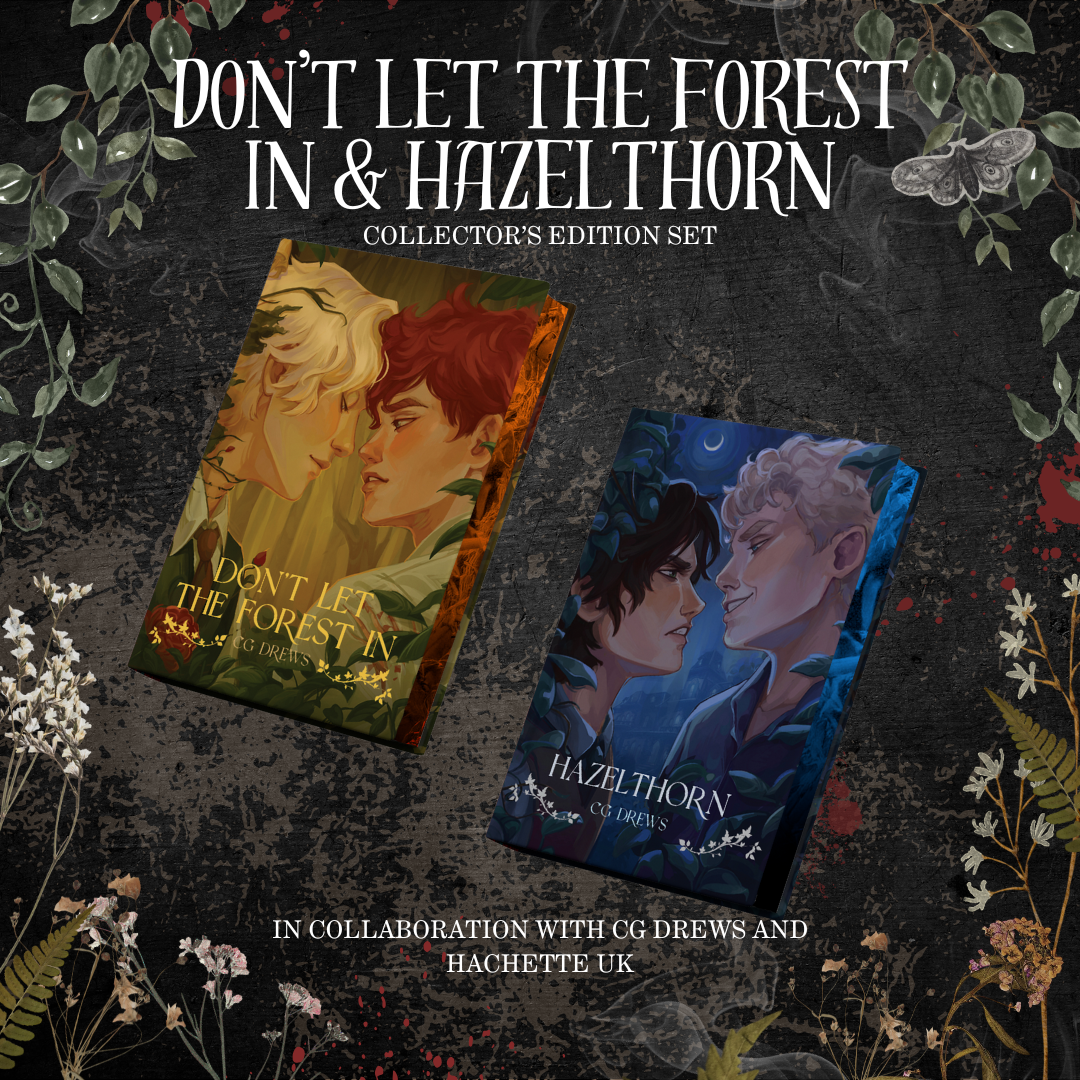 Cover reveal for 'Don't Let the Forest In' and 'Hazelthorn' with artistic illustrations of characters on a dark background with foliage.