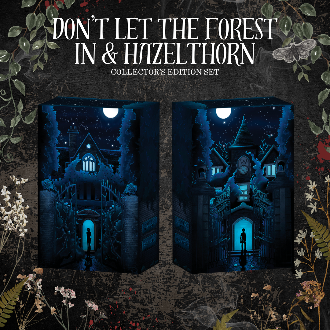 Mockup of the rigid slipcase included in the LitPins&Co special edition set of Don't Let The Forest In and Hazelthorn, pictured on a dark background with foliage.