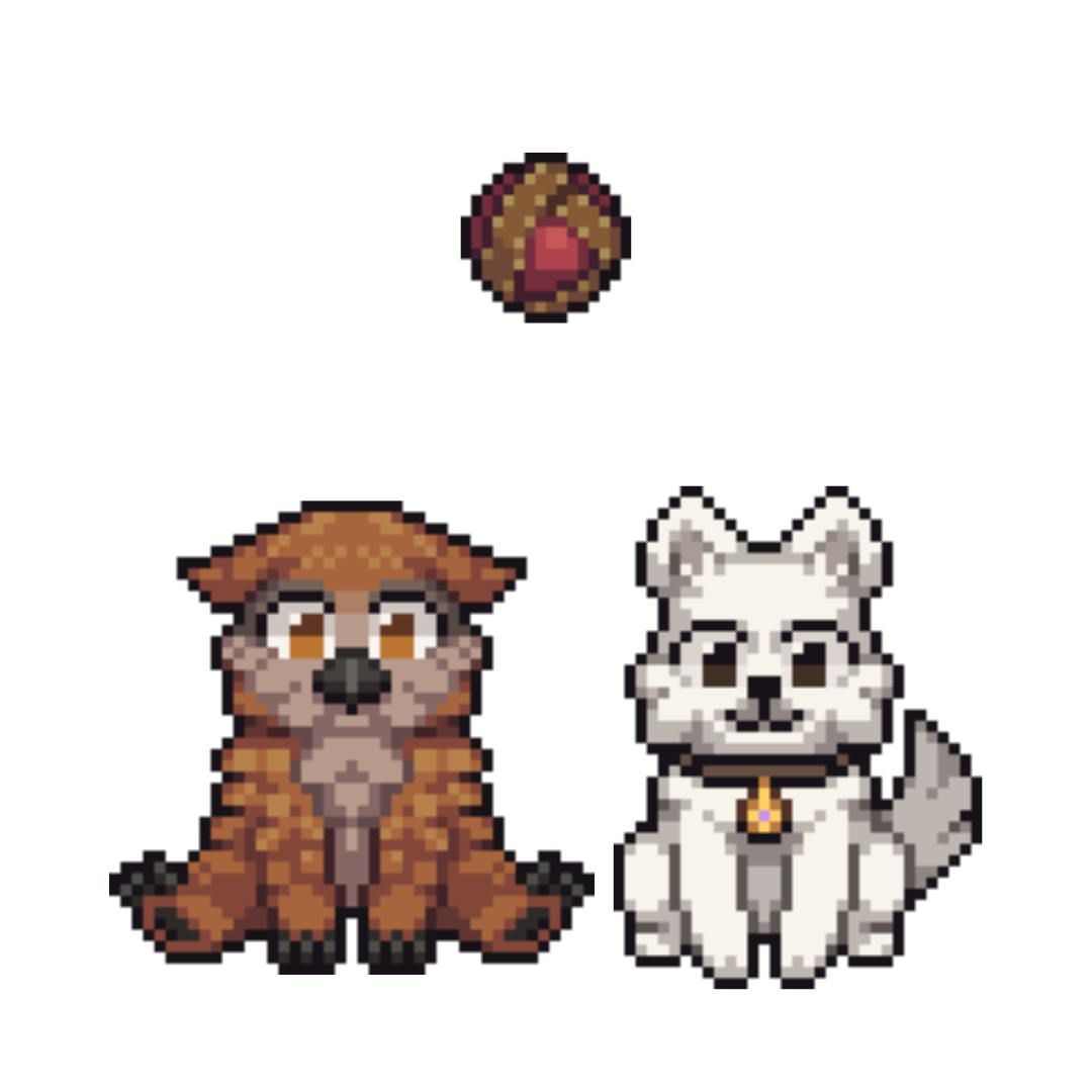 Pixel artwork shaker keychain charms inspired by Scratch and Owlbear from Baldur’s Gate 3