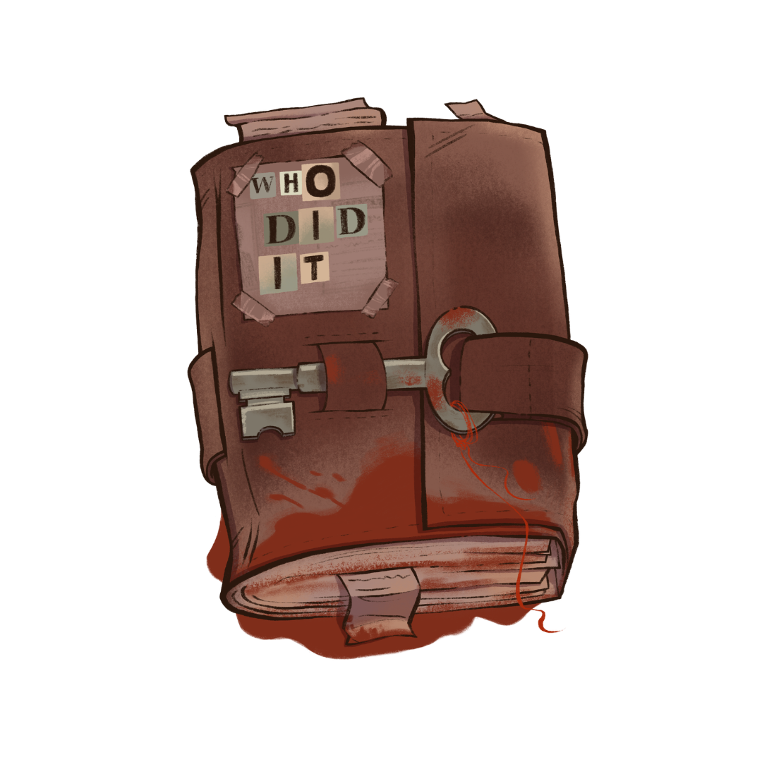 Book sticker inspired by the crime genre, featuring a locked book, a key, and blood.