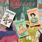 A bundle of our officially licensed Heartstopper pins. Features Nick Nelson, Charlie Sprint, and mini leaf pins, all designed by Alice Oseman. Pictured against a background of Heartstopper graphic novels.