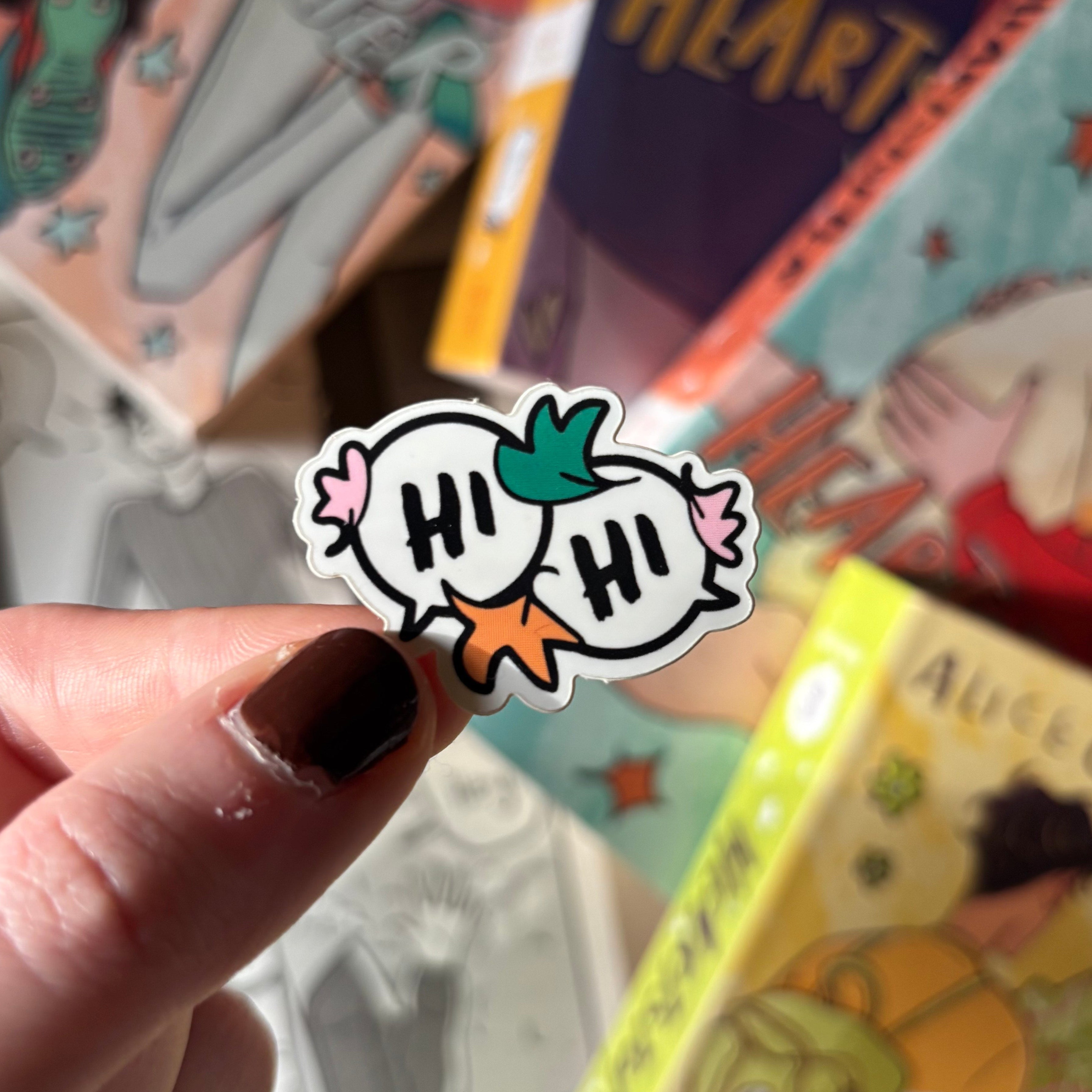 "Hi. Hi." Glossy sticker inspired by Alice Oseman's Heartstopper, designed by LitPins&Co.