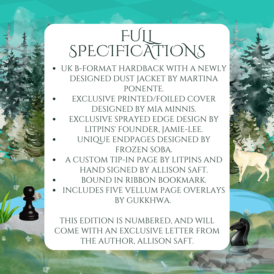 Promotional graphic for Immortal Game special edition by LitPins&Co, featuring text on a forest background decorated with chess pieces.