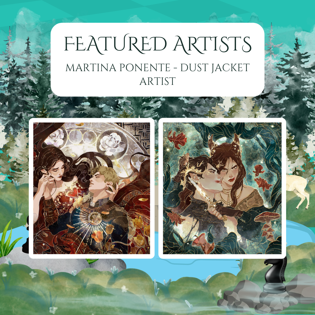 Promotional graphic for Immortal Game special edition by LitPins&Co, showing artwork by Martina Ponente on a forest background decorated with chess pieces.