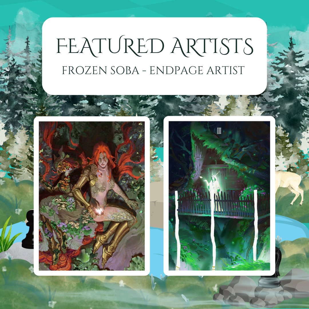 Promotional graphic for Immortal Game special edition by LitPins&Co, showing artwork by Frozen Soba on a forest background decorated with chess pieces.