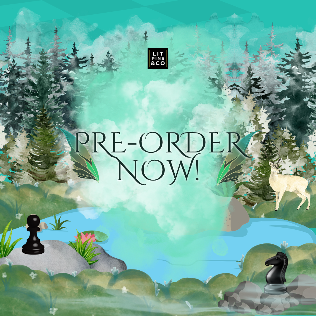 Promotional graphic for Immortal Game special edition by LitPins&Co, featuring text on a forest background decorated with chess pieces