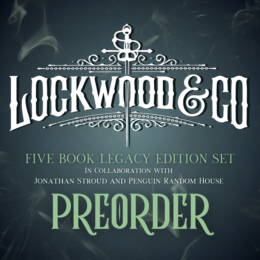 LitPins&Co Lockwood&Co Five Book Legacy Edition Set in Collaboration with Jonathan Stroud and Penguin Random House Preorder Graphic, featuring the previous text on top of a navy blue background with dust and ghostly swirls.