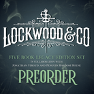 LitPins&Co Lockwood&Co Five Book Legacy Edition Set in Collaboration with Jonathan Stroud and Penguin Random House Preorder Graphic, featuring the previous text on top of a navy blue background with dust and ghostly swirls.