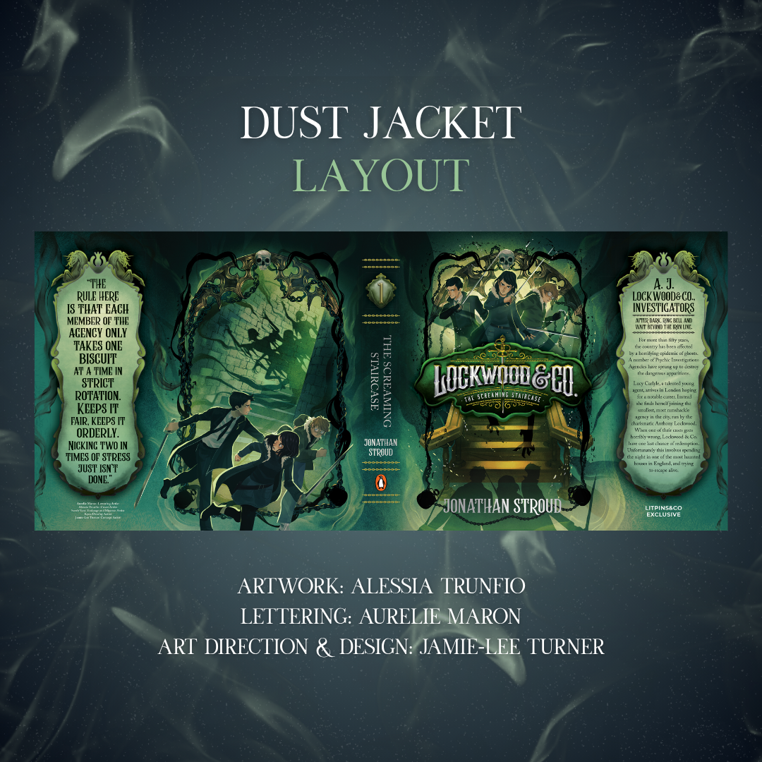 Dust jacket layout for 'Lockwood & Co.' with artwork by Alessia Trunfo on a dark background.