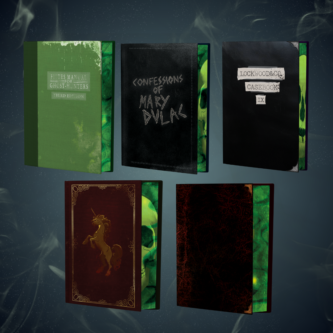 Five book covers with different designs represeting different books mentioned in the Lockwood universe on a dark background