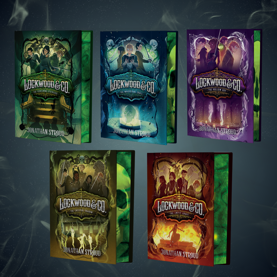 Five book covers of 'Lockwood & Co.' series by Jonathan Stroud on a dark background.