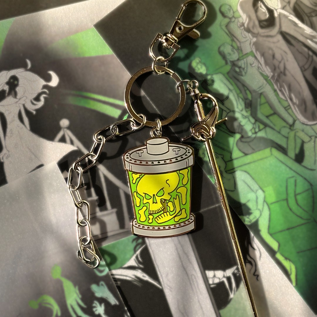 Officially licensed Lockwood&Co metal keychain featuring a skull charm, a sword charm, and a chain charm.