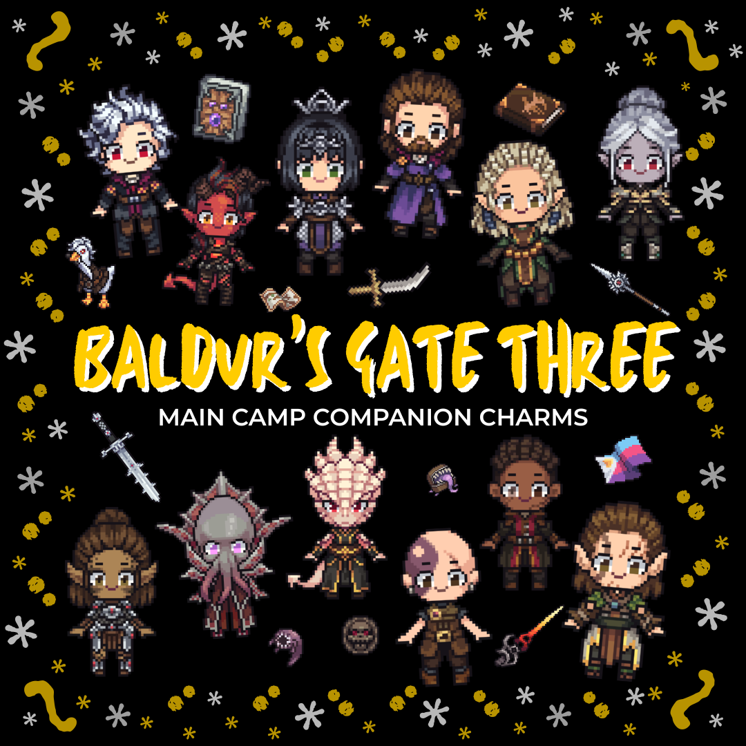 Promotional graphic for LitPins&Co's Baldur's Gate Three shaker keychains, featuring pixel artwork of characters from the game with decorative elements on a black background.