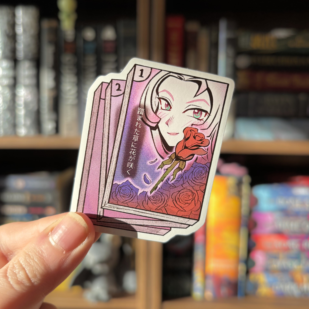 Book shaped sticker inspired by the manga genre, featuring a manga inspired character drawing