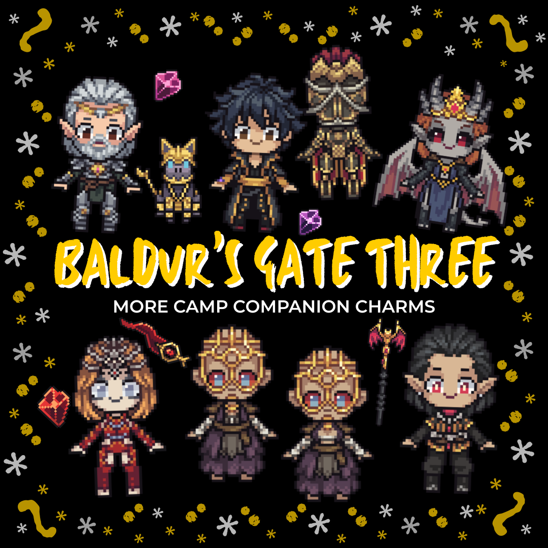 Promotional graphic for LitPins&Co Baldur's Gate shaker keychain charms, featuring pixel art of the characters on a black background.