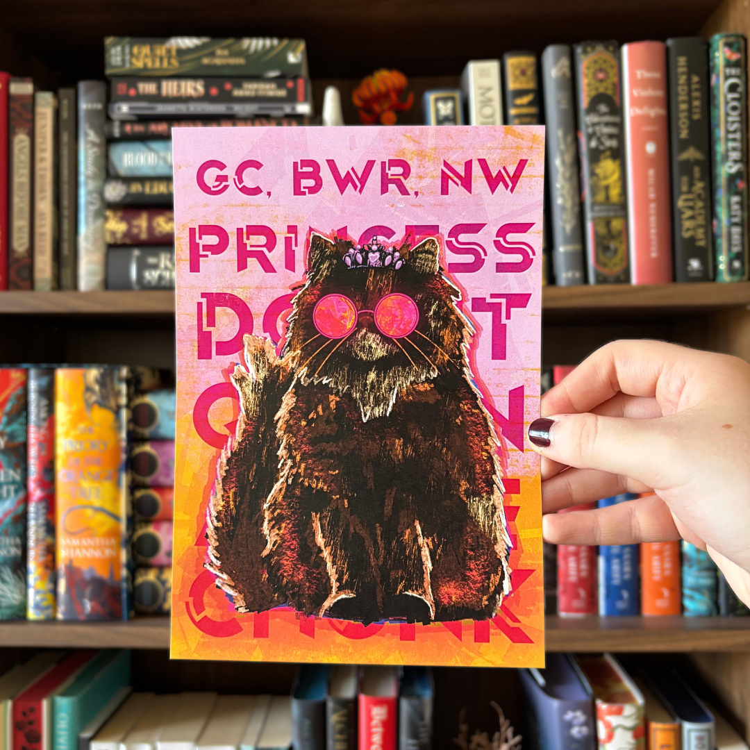 Art print inspired by Dungeon Crawler Carl, depicting Princess Donut on a pick and orange background