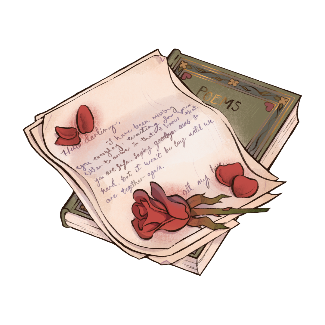 Book sticker inspired by the romance genre, featuring a book of poetry, a love letter, and some flowers.