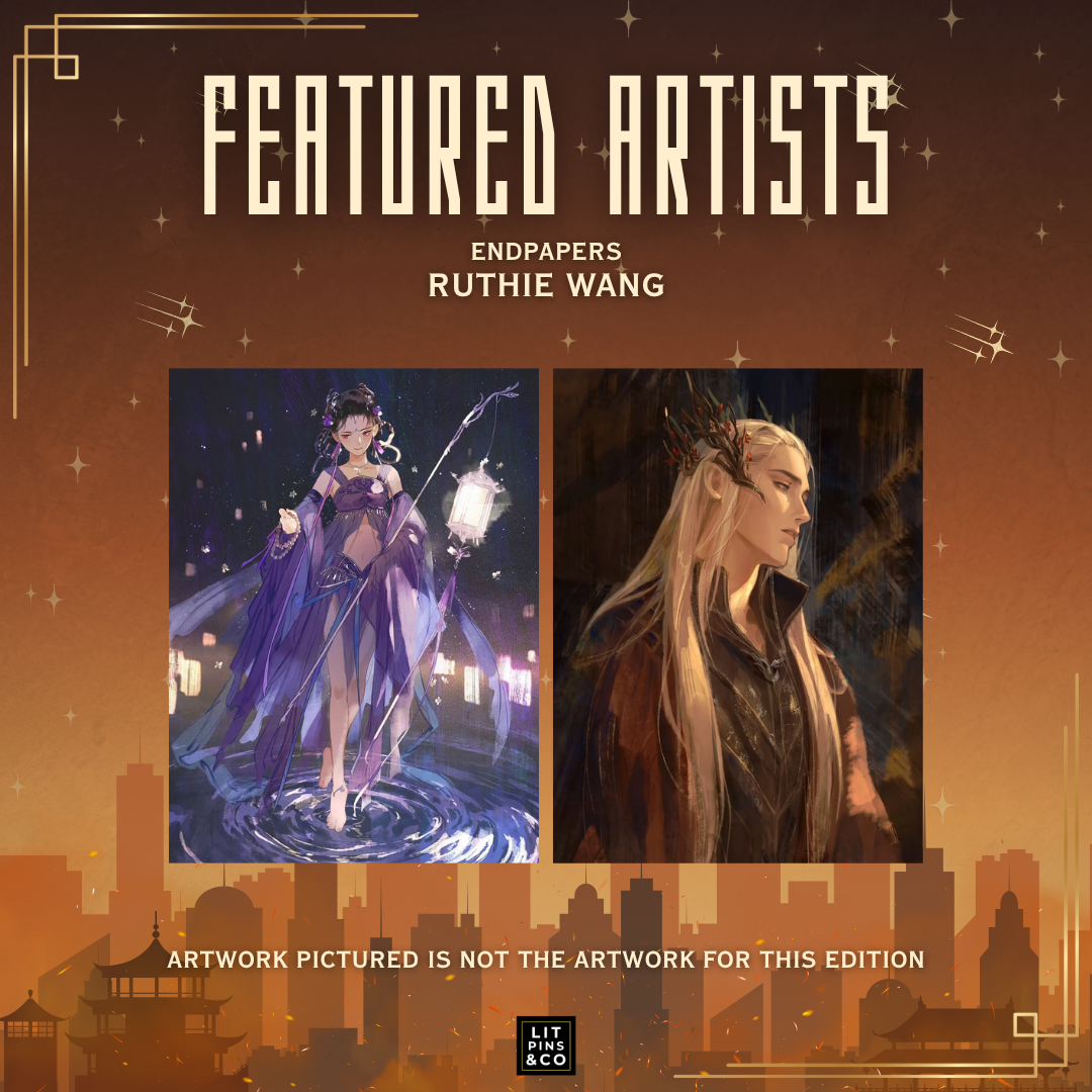 Graphic highlighting the work of Ruthie Wang. Shows two pieces of artwork on an orange/brown background decorated with stars and a fiery cityscape.