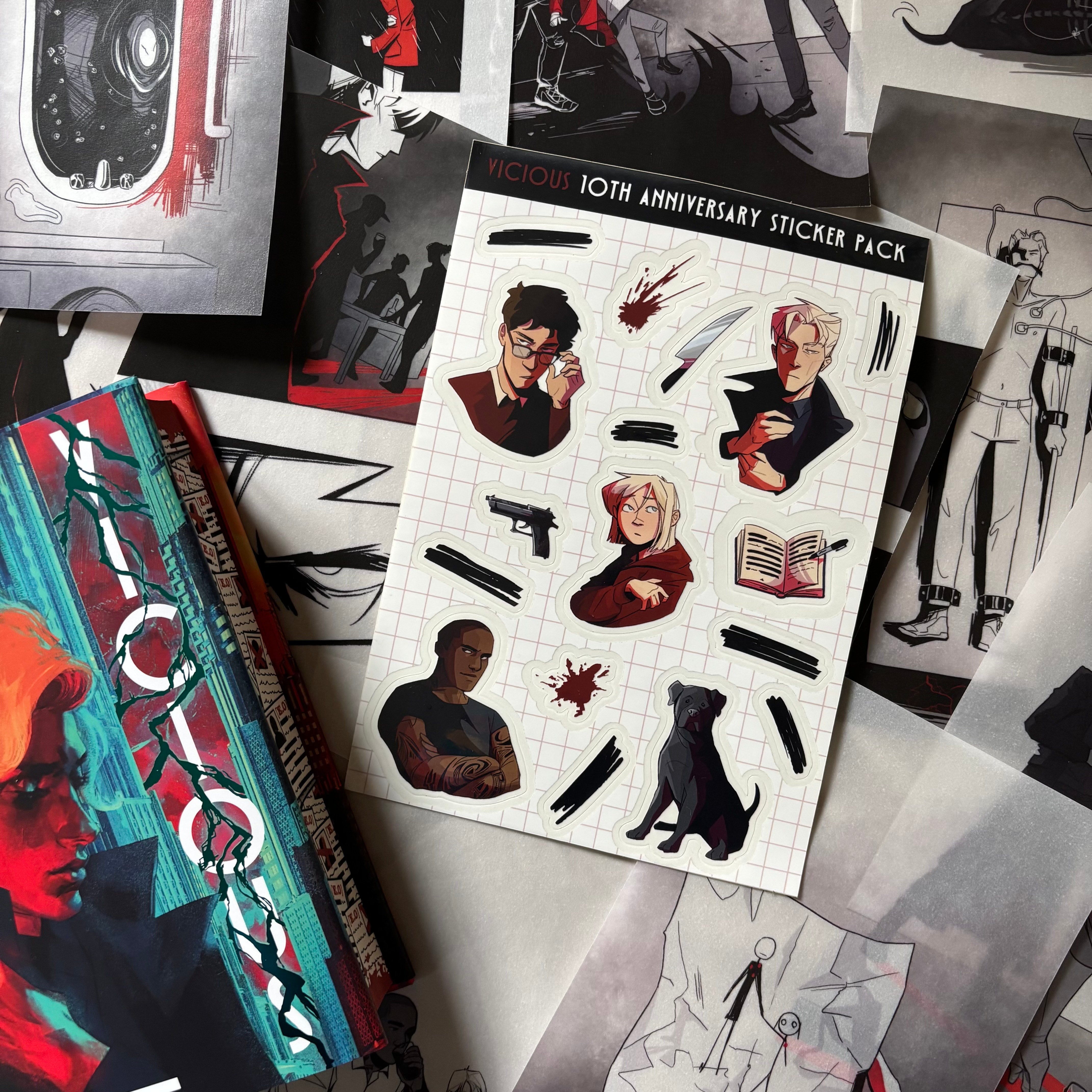 LitPins&Co Vicious 10th Anniversary Sticker Pack sheet resting against the overlays and Vicious books by VE Schwab. The stickers include Victor Vale, Eli Ever, Sidney, Mitch, Dol along with Victor's  Black out markings.