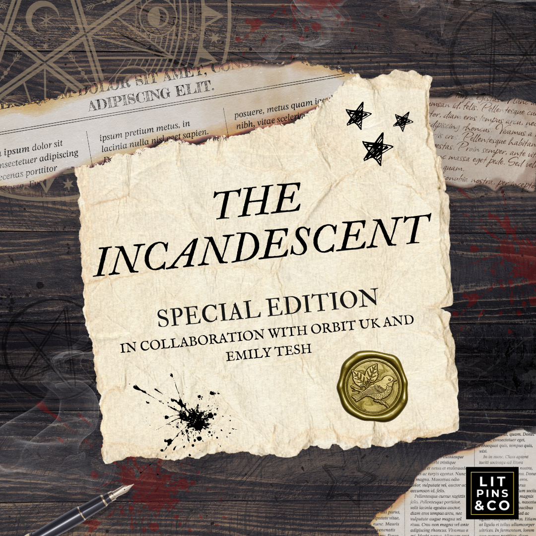 Promotional graphic for 'The Incandescent' LitPins&Co special edition with text and design elements on a textured background.