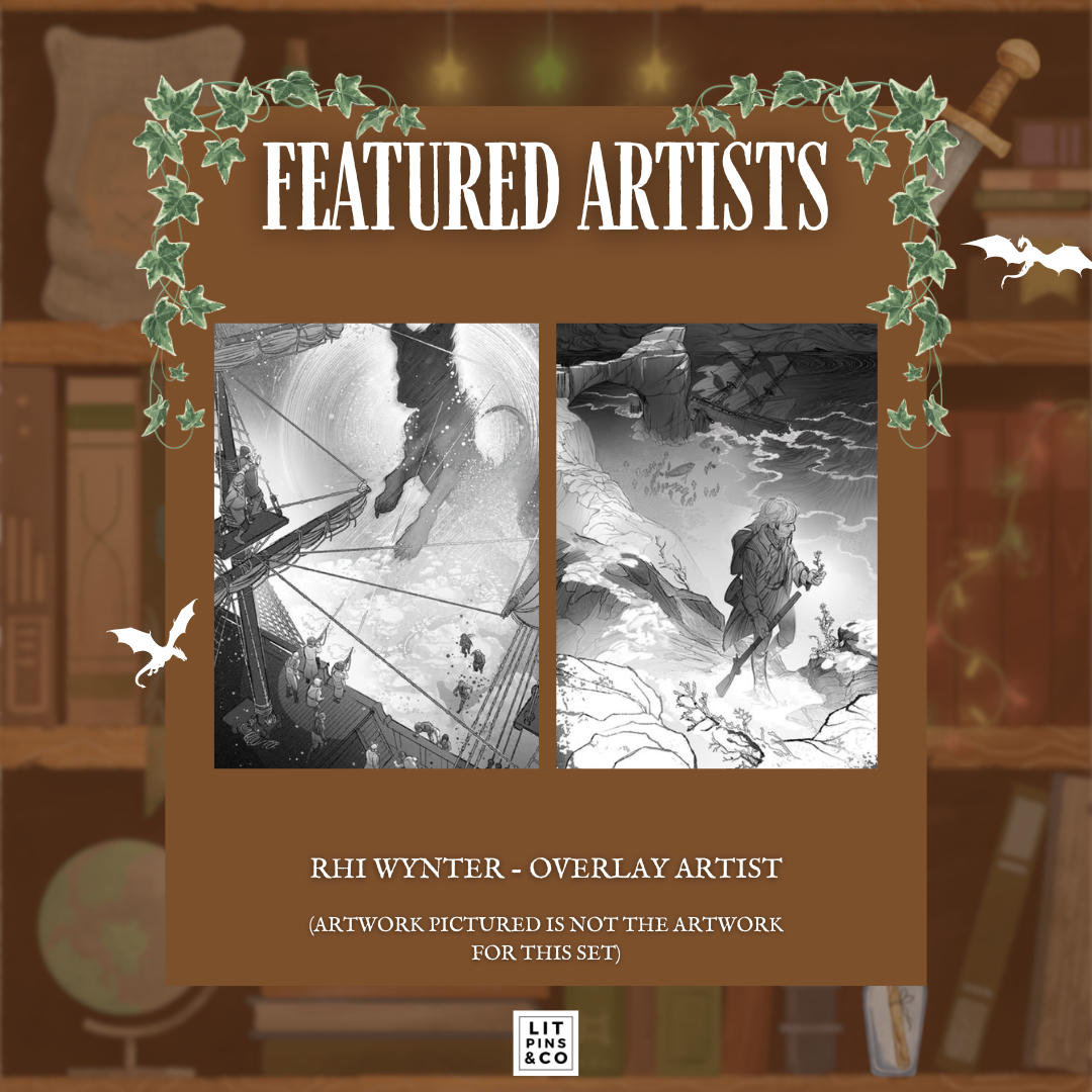Promotional graphic for LitPins&Co's special edition set of the Tomes and Tea series showcasing the work of overlay artist Rhi Wynter. Artwork by Rhi is pictured against a brown bookshelf background.