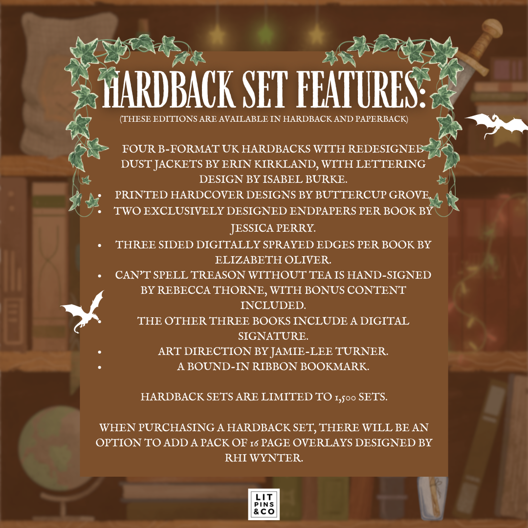Promotional graphic for LitPins&Co's special edition set of the Tomes and Tea series with text detailing the specifications of the hardback set placed against a brown bookshelf background