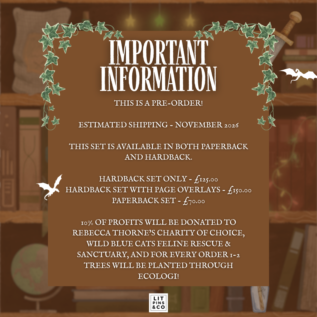 Promotional graphic for LitPins&Co's special edition set of the Tomes and Tea series with text detailing the important information of the sets, placed against a brown bookshelf background