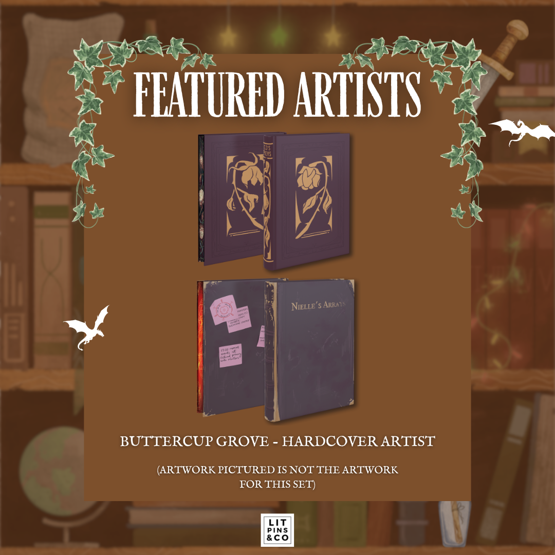 Promotional graphic for LitPins&Co's special edition set of the Tomes and Tea series showcasing the work of hardcover artist Buttercup Grove. Artwork by Buttercup is pictured against a brown bookshelf background.