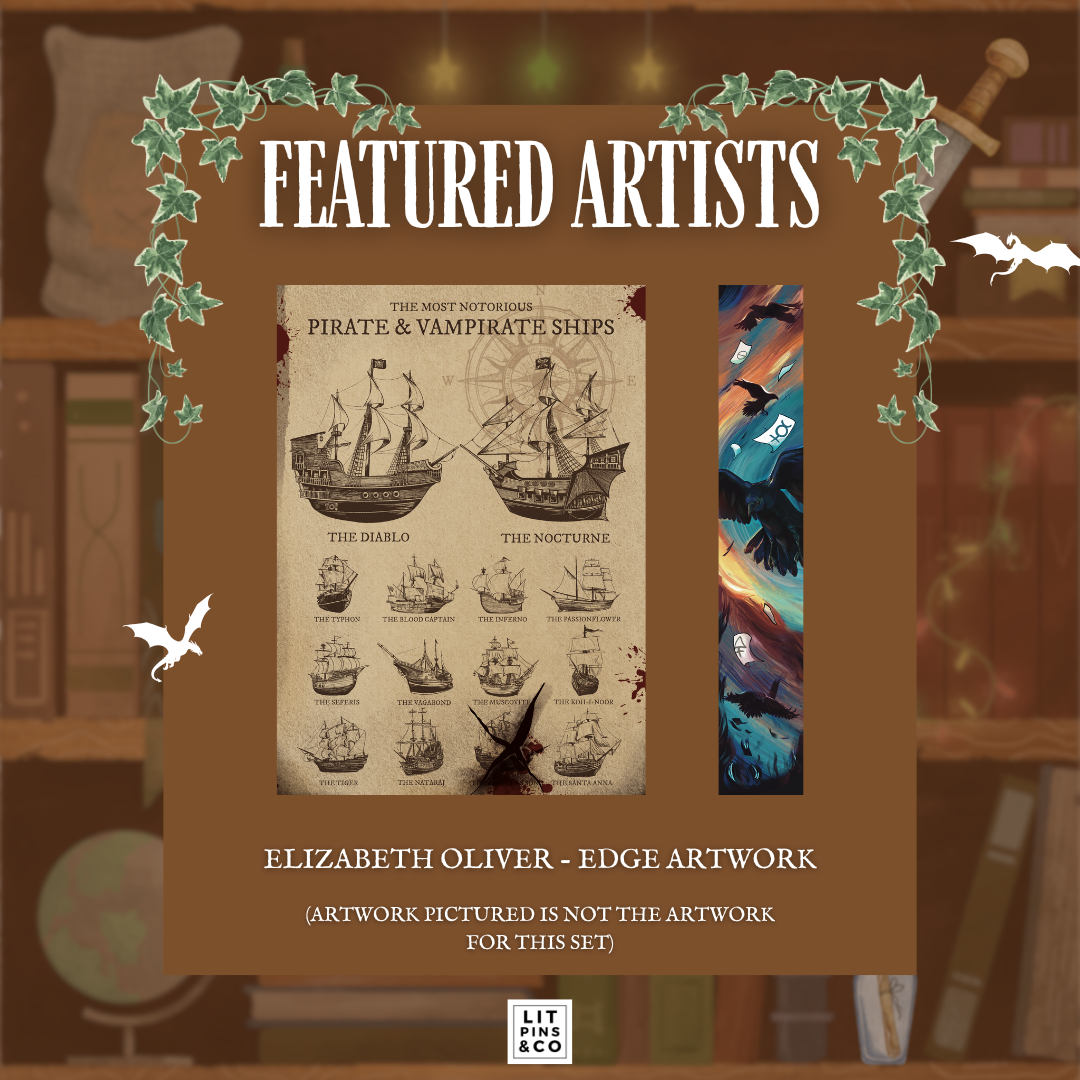 Promotional graphic for LitPins&Co's special edition set of the Tomes and Tea series showcasing the work of edge artist Elizabeth Oliver. Artwork by Elizabeth is pictured against a brown bookshelf background.
