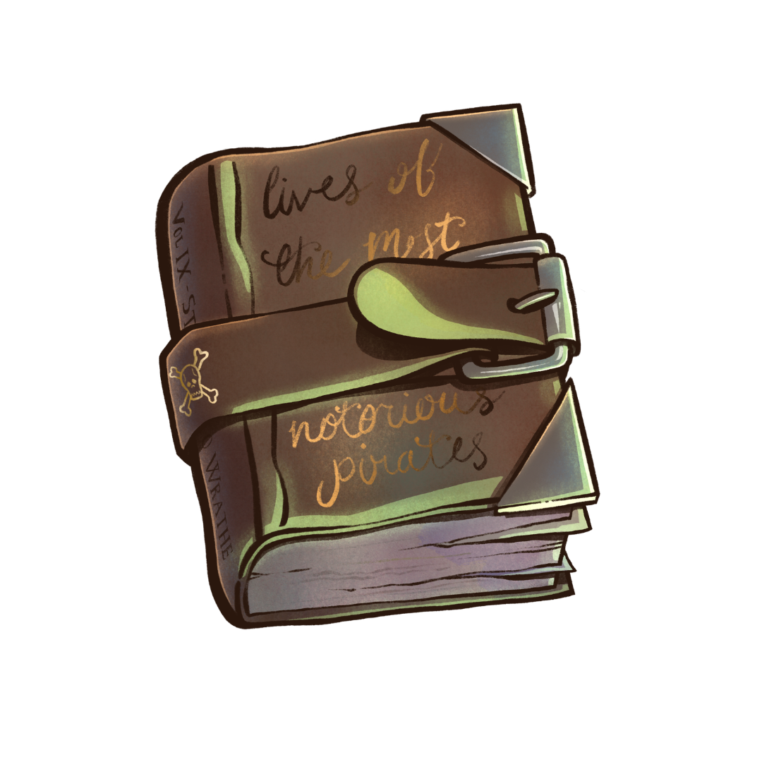 Officially licensed Vampirates book sticker, featuring a brown book with text reading "lives of the most notorious pirates"