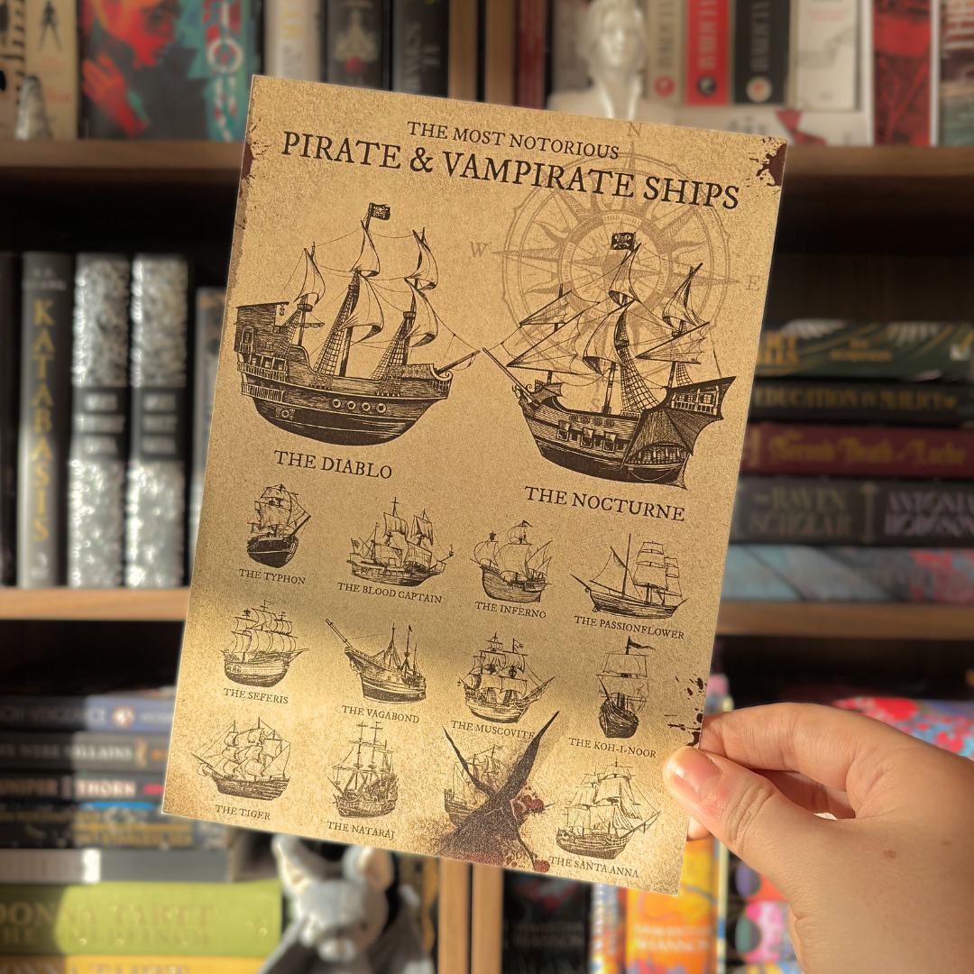 Art print depicting ships from the Vampirates universe, with text reading "The Most Notorious Pirate & Vampirate Ships"