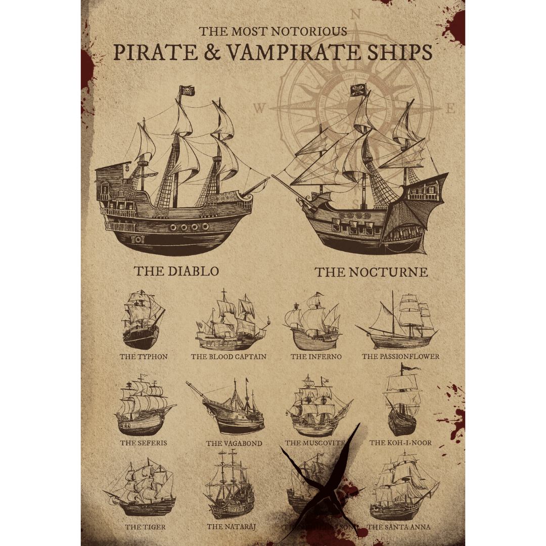 Art print depicting ships from the Vampirates universe, with text reading "The Most Notorious Pirate & Vampirate Ships"