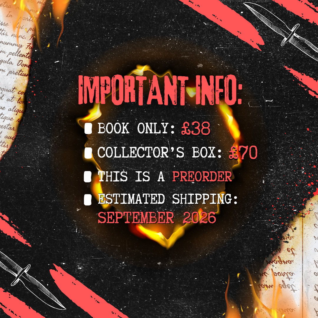 Vengeful important information graphic featuring the costings of the Book Only: £38 Collector's Box: £70, This is a pre-order with estimated shipping in september 2026.