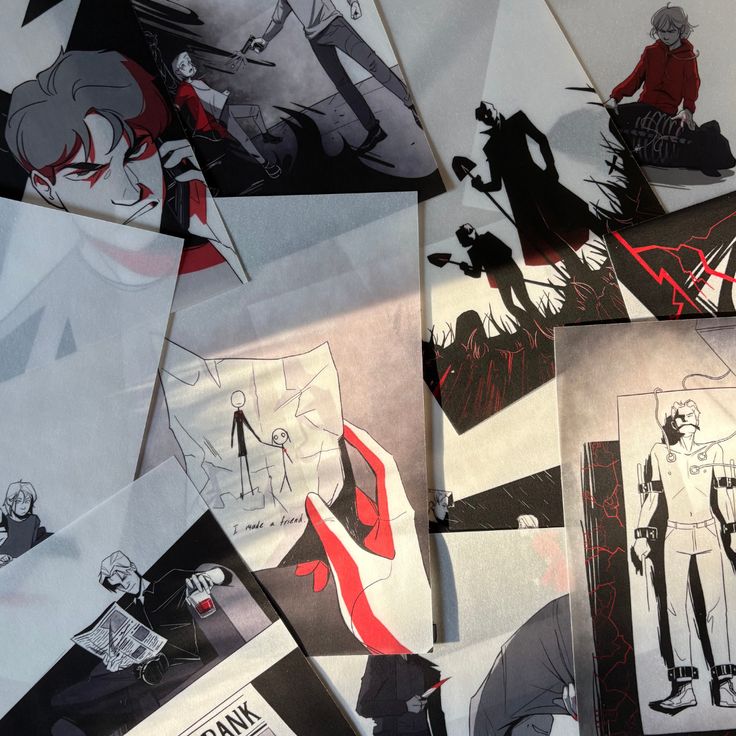 LitPins&Co Vicious overlays laid over in a collage like form to showcase the different scenes. Each overlay is in black and white apart from a light edition of red throughout.