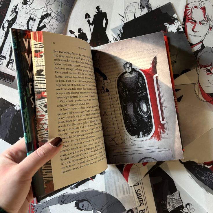 An open copy of LitPins&Co's Vicious by V.E Schwab showing a single page overlay illustration surrounded by comic book panels.