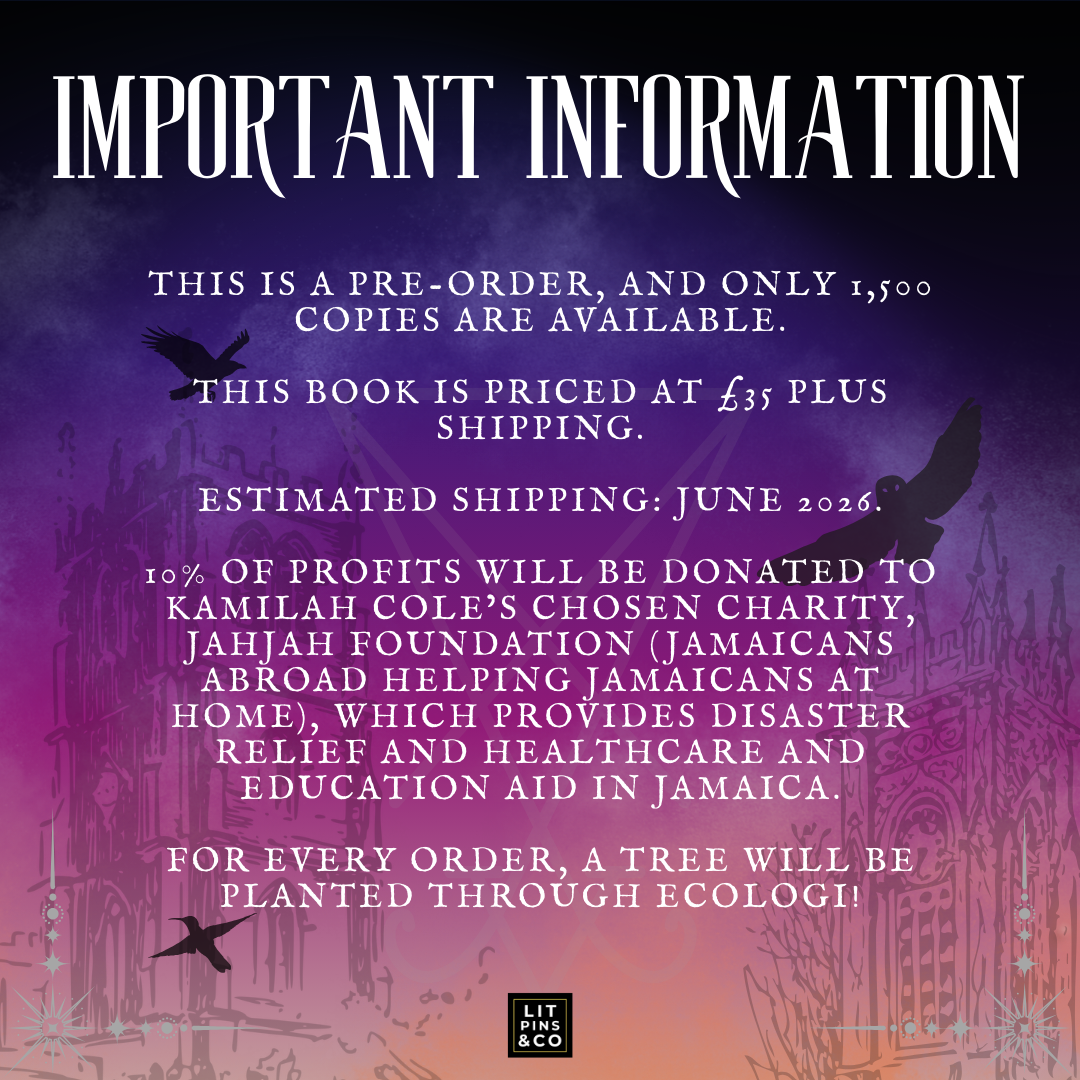 Promotional graphic for the LitPins&Co special edition of 'An Arcane Inheritance' with a purple and silver colour scheme, decorated with silhouettes of buildings. Text outlines the key information regarding the edition.