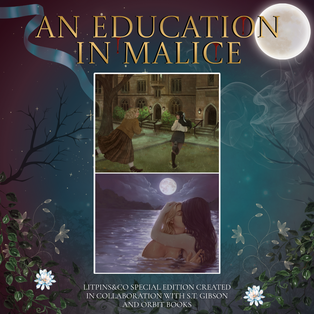 Promotional graphic for LitPins&Co's edition of 'An Education in Malice' featuring the endpaper illustrations on a blue and red background decorated with a moon, a ribbon, and flowers.