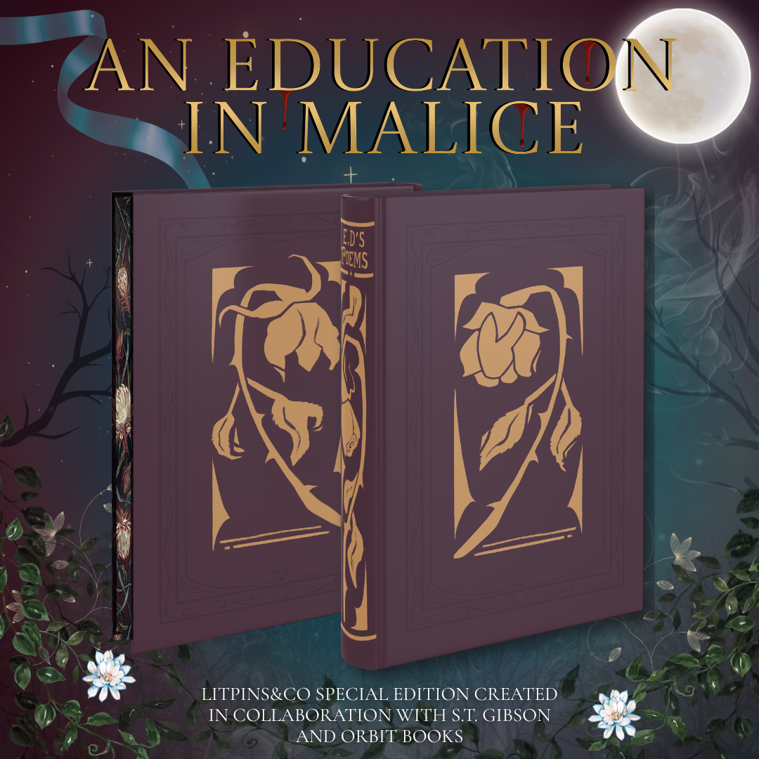 Promotional graphic for LitPins&Co's edition of 'An Education in Malice' featuring a digital mockup of the printed hardcover on a blue and red background decorated with a moon, a ribbon, and flowers.