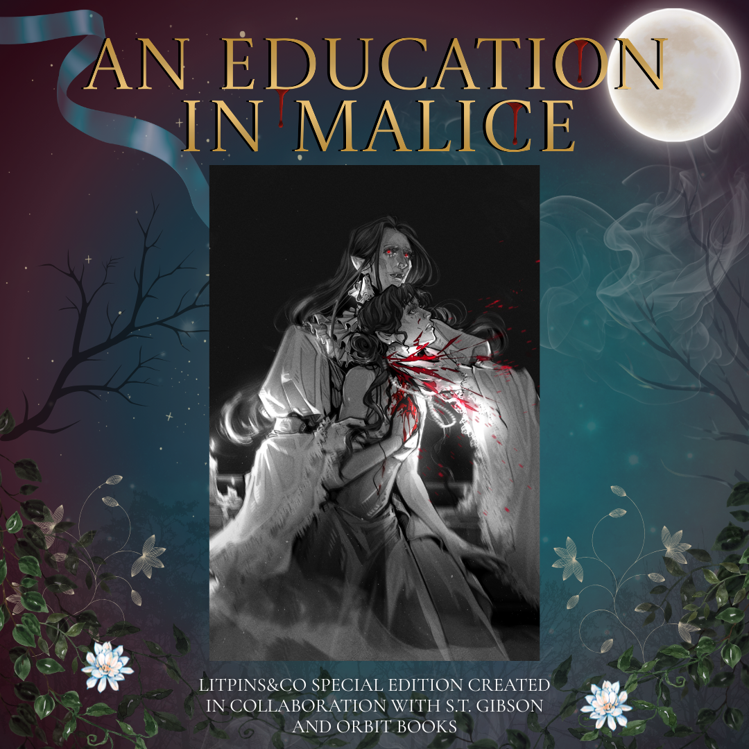 Promotional graphic for LitPins&Co's edition of 'An Education in Malice' featuring an overlay illustration on a blue and red background decorated with a moon, a ribbon, and flowers.