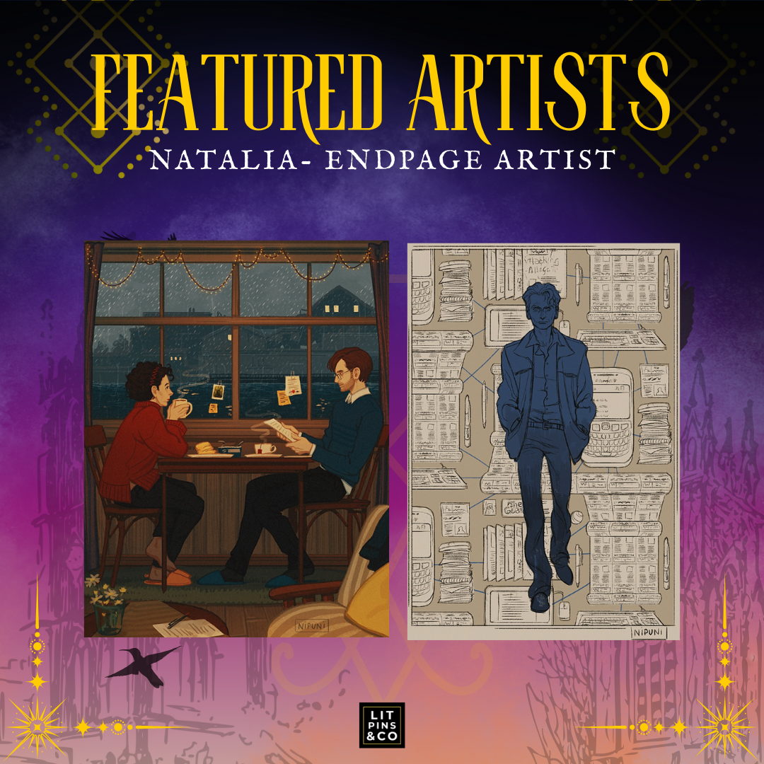 Promotional graphic for the LitPins&Co special edition of 'An Arcane Inheritance' with a purple and gold colour scheme, decorated with a golden symbols and silhouettes of buildings. Graphic displays past artwork by endpage artist Natalia.